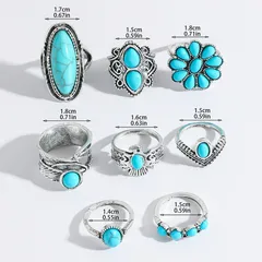 Bohemian Silver Rings For Women Featuring Turquoise Inlay, Set Of 8 Pieces Made Of Metal 4