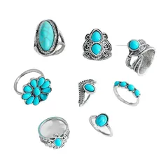 Bohemian Silver Rings For Women Featuring Turquoise Inlay, Set Of 8 Pieces Made Of Metal 5