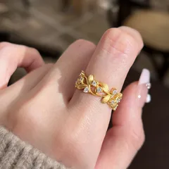 Brushed Copper Leaves Open Ring For Women With Electroplated Gold Plating