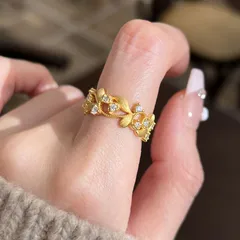 Brushed Copper Leaves Open Ring For Women With Electroplated Gold Plating 2