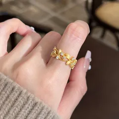 Brushed Copper Leaves Open Ring For Women With Electroplated Gold Plating 3