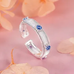 Brushed Copper Open Ring With Zircon Inlay Featuring Star Pattern For Women, Available In Blue 3