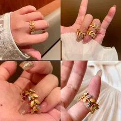 Brushed Copper Open Rings For Women With Electroplated Gold Plating And Rhinestone Inlay Featuring Leaves Pattern 2