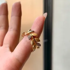 Brushed Copper Open Rings For Women With Electroplated Gold Plating And Rhinestone Inlay Featuring Leaves Pattern 3