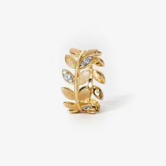 Brushed Copper Open Rings For Women With Electroplated Gold Plating And Rhinestone Inlay Featuring Leaves Pattern 5