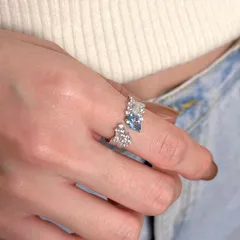 Brushed Copper Open Rings With Water Droplets Pattern And Rhinestone Inlay, Electroplated Finish For Women