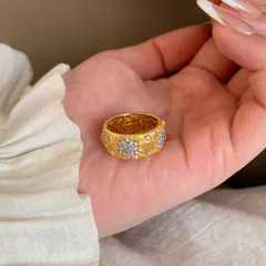 Brushed Copper Snowflake Open Ring For Women With Electroplated Gold Plating And Zircon Inlay 3
