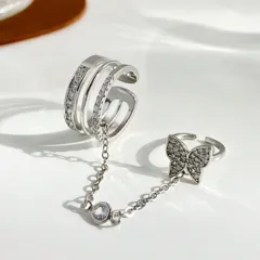 Butterfly Open Ring For Women, 1 Piece Zinc Alloy With White K Plated Finish And Rhinestone Inlay 5