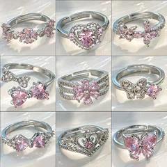 Butterfly Open Ring For Women In Copper With Rhinestones, Natural Pink, New Style 2