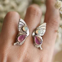 Butterfly Open Ring For Women In Metal Featuring October Birthstone Opal With Electroplated Finish 2