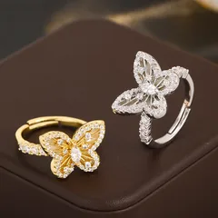 Butterfly Open Rings For Women In Simple Style, Gold Electroplated Copper Alloy With Zircon Inlay