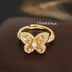 Butterfly Open Rings For Women In Simple Style, Gold Electroplated Copper Alloy With Zircon Inlay 2