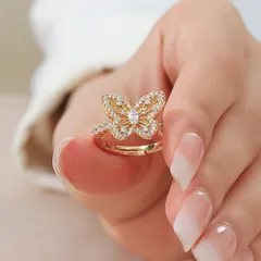 Butterfly Open Rings For Women In Simple Style, Gold Electroplated Copper Alloy With Zircon Inlay 3