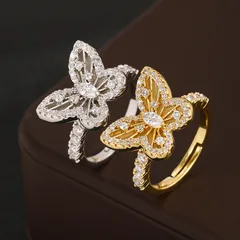 Butterfly Open Rings For Women In Simple Style, Gold Electroplated Copper Alloy With Zircon Inlay 4