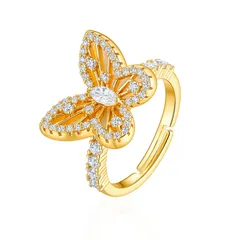 Butterfly Open Rings For Women In Simple Style, Gold Electroplated Copper Alloy With Zircon Inlay 5