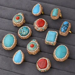 1 Pc/Package Piece Round Oval Rectangle Adjustable Ring Sea Bamboo Turquoise Copper Rhinestones Tourmaline Clay Long-Lasting Plated 18K Gold Women's Casual Vintage Style Vacation 2