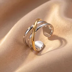 Color Block Two Tone Open Rings For Women In Multicolor Titanium Steel With Electroplated Gold Plating