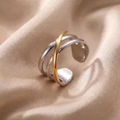Color Block Two Tone Open Rings For Women In Multicolor Titanium Steel With Electroplated Gold Plating 2