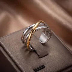 Color Block Two Tone Open Rings For Women In Multicolor Titanium Steel With Electroplated Gold Plating 3