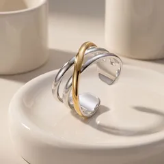 Color Block Two Tone Open Rings For Women In Multicolor Titanium Steel With Electroplated Gold Plating 4