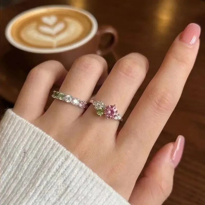 Color Block Rings For Unisex In Vintage Style, 2 Pieces Set Featuring Two Tone Alloy In Natural Pink 5