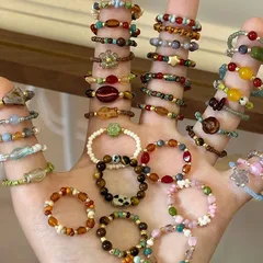 Colorful Crystal Beaded Ring Ins Niche Design High-grade Finger Ring Light Luxury Temperament All-Match Ring Accessories