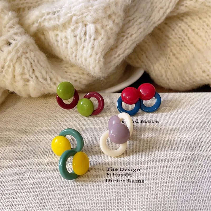 Colorful Dopaamine Silver Needle Earrings Simple Round Commute Girl Anti-aging Ear Jewelry Geometric Pattern Spray Painted 4