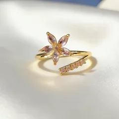 Copper Open Ring For Women With Zircon Inlay Featuring Flowers Design In New Style, Perfect For Summer 4