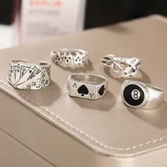 Creative Personality Poker Card Rings Set Of 5 Vintage Black Aces Paper Clip Zinc Alloy Geometric Pattern Women's Jewelry 3