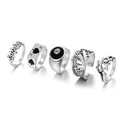 Creative Personality Poker Card Rings Set Of 5 Vintage Black Aces Paper Clip Zinc Alloy Geometric Pattern Women's Jewelry 5