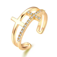 Cross Open Ring For Women In Gold Alloy Featuring Electroplated Finish 4