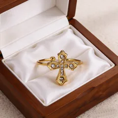 Cross Ring For Women In 304 Stainless Steel With PVD Coated Gold Plating And Rhinestone Inlay
