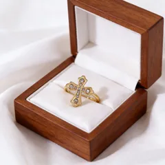 Cross Ring For Women In 304 Stainless Steel With PVD Coated Gold Plating And Rhinestone Inlay 2