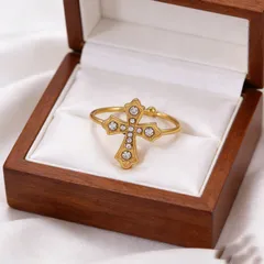 Cross Ring For Women In 304 Stainless Steel With PVD Coated Gold Plating And Rhinestone Inlay 3