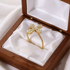 Cross Ring For Women In 304 Stainless Steel With PVD Coated Gold Plating And Rhinestone Inlay 4