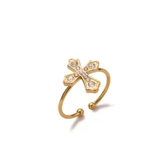 Cross Ring For Women In 304 Stainless Steel With PVD Coated Gold Plating And Rhinestone Inlay 5