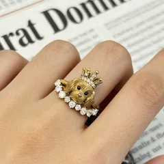 Cute Gold Alloy Dog Open Ring For Women Featuring Rhinestones