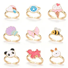 Cute Rabbit Enamel Adjustable Ring For Women In Electroplated Copper