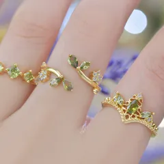 D203 French Entry Lux Olive Green Original Leaf Bud Water Drop Zircon Design Versatile Niche Daily Ring Suit 2