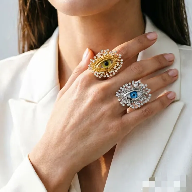 Devil's Eye Exaggerated Women's Ring Set In Gold With Rhinestones, Made Of Alloy 5
