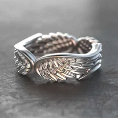 Dragon And Wish Original Design Angel Wings Feather Ring European And American Retro Thai Silver Black Ring Unisex