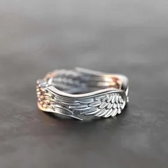 Dragon And Wish Original Design Angel Wings Feather Ring European And American Retro Thai Silver Black Ring Unisex 3