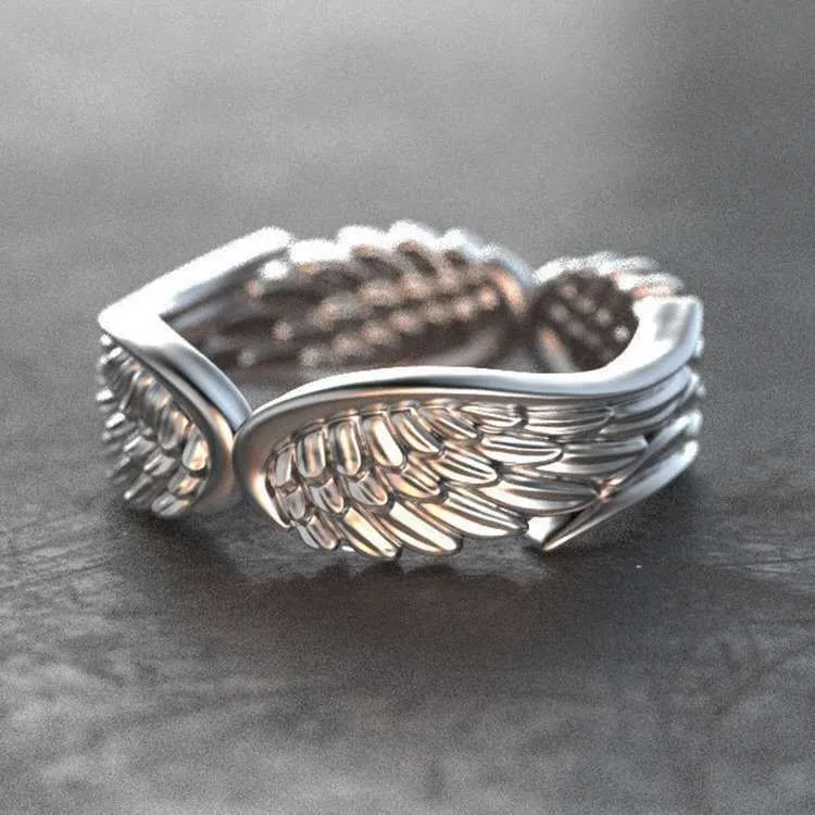 Dragon And Wish Original Design Angel Wings Feather Ring European And American Retro Thai Silver Black Ring Unisex 5