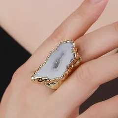 Asymmetrical Adjustable Ring For Women In Grey With Agate Inlay, 14K Gold Plated, IG Style, 1 Piece 2
