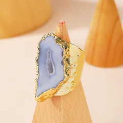 Asymmetrical Adjustable Ring For Women In Grey With Agate Inlay, 14K Gold Plated, IG Style, 1 Piece 3