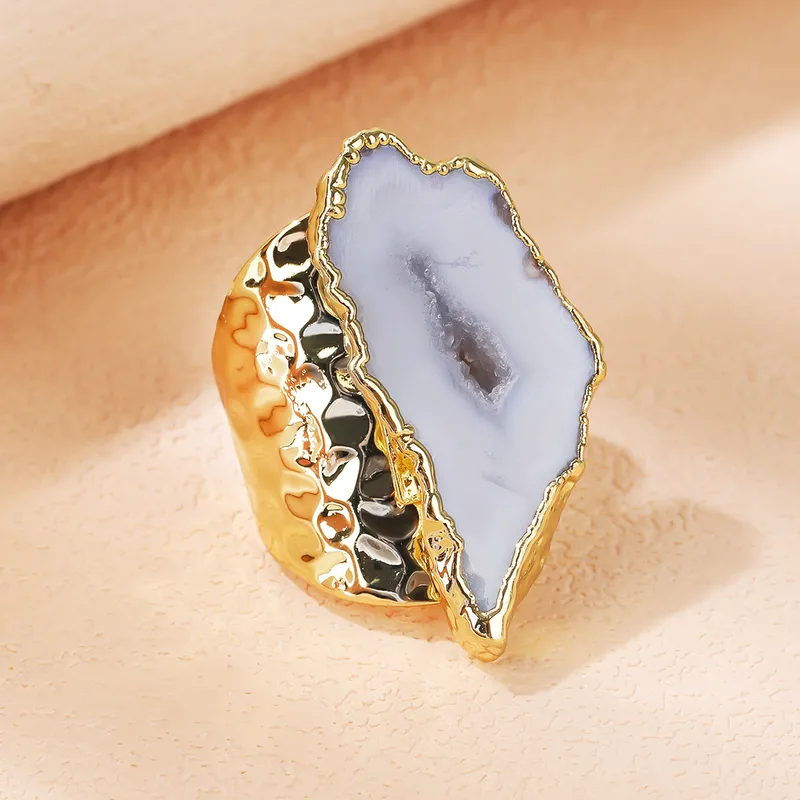 Asymmetrical Adjustable Ring For Women In Grey With Agate Inlay, 14K Gold Plated, IG Style, 1 Piece 5