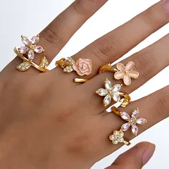 Elegant Bohemian Style Women's Ring Set With Alloy Floral Design Glass Oil Drip Three-dimensional Flower Shape Sweet Four-piece