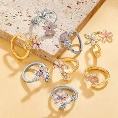 Elegant Bohemian Style Women's Ring Set With Alloy Floral Design Glass Oil Drip Three-dimensional Flower Shape Sweet Four-piece 3