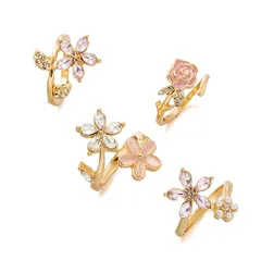 Elegant Bohemian Style Women's Ring Set With Alloy Floral Design Glass Oil Drip Three-dimensional Flower Shape Sweet Four-piece 5