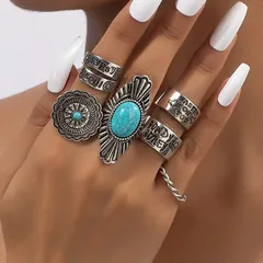 Elegant Geometric Pattern Western Style Turquoise Decorative Ring Set Women's Fashion Jewelry Accessories Vintage Theme 2